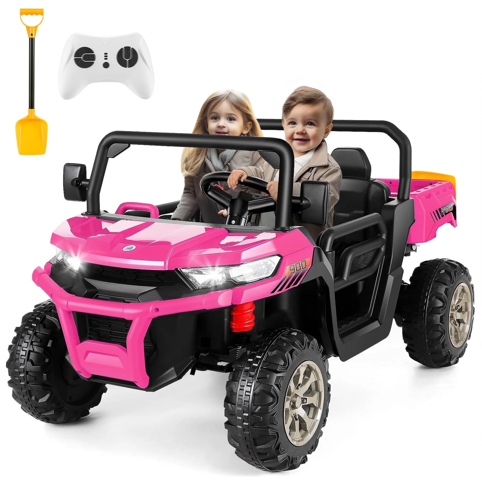 Vibespark 24 V 2x200W Kids Ride on Dump Truck with Remote Control, 2 Seater Electric Powered 4-Wheel UTV Toys, Ride on Tractor Car w/ Tipping Bucket Trailer, Shovel, Suspension, Bluetooth Music, Pink