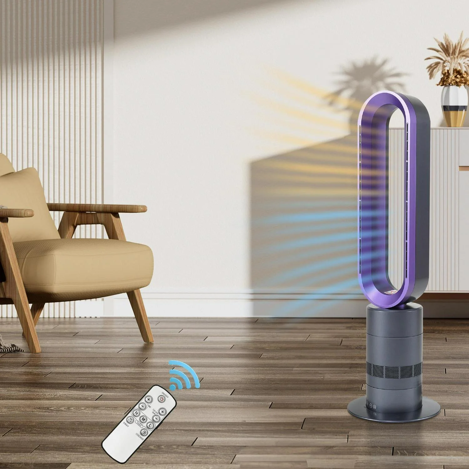 32 in. Bladeless Tower Cool Fan and Heater Fan Combo Ideal For Four Season Available Purple