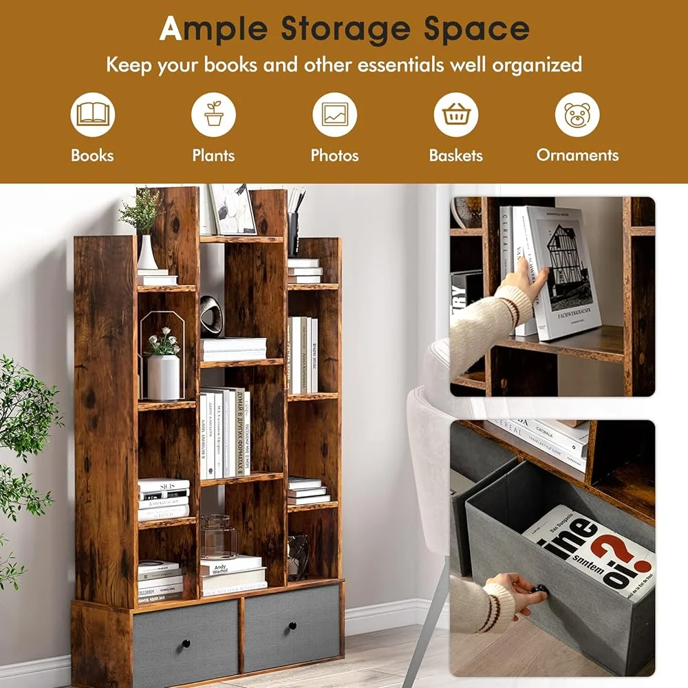 ZFGSUIJN 5-Cube Bookcase with 2 Drawers - Industrial Freestanding Open Display Shelving with Anti-toppling Device  7  Shelves  Wooden Tree Shaped Bookshelf  Room  Rustic Brown