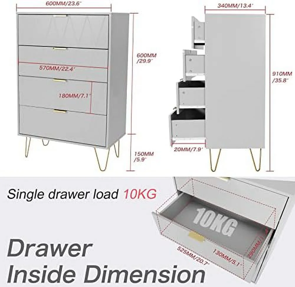 GVJMTKP New 4 Drawer Dresser Chest of Drawers Wooden Dresser with 4 Metal Legs Tall Dresser with Anti-Tipping Device Dresser Set for Bedroom Living Room Closet(Grey)