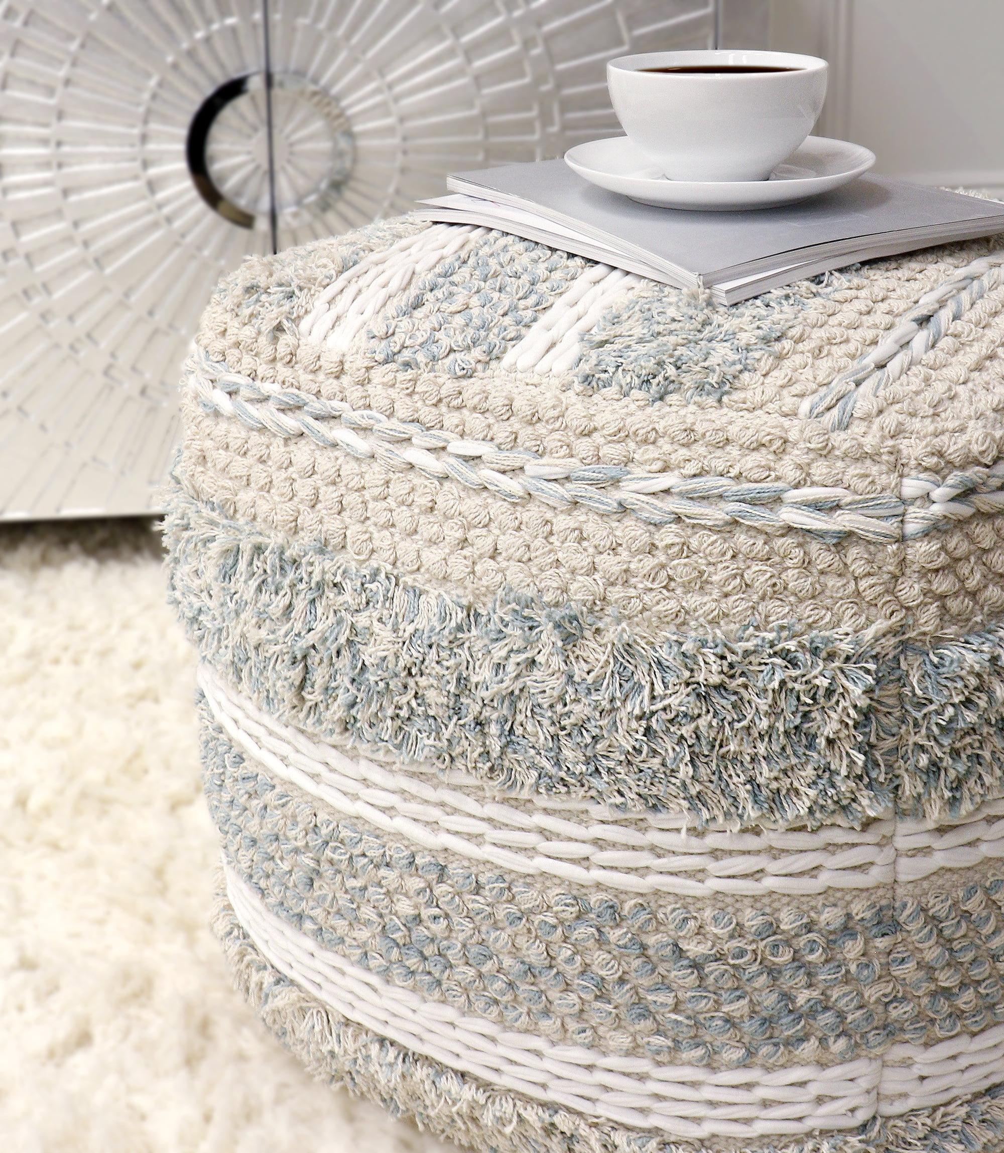 Pasargad Home PPF-176-1 Grand Canyon Shag Cotton Pouf - Beige - 17.75 x 17.75 x 17.75 in.