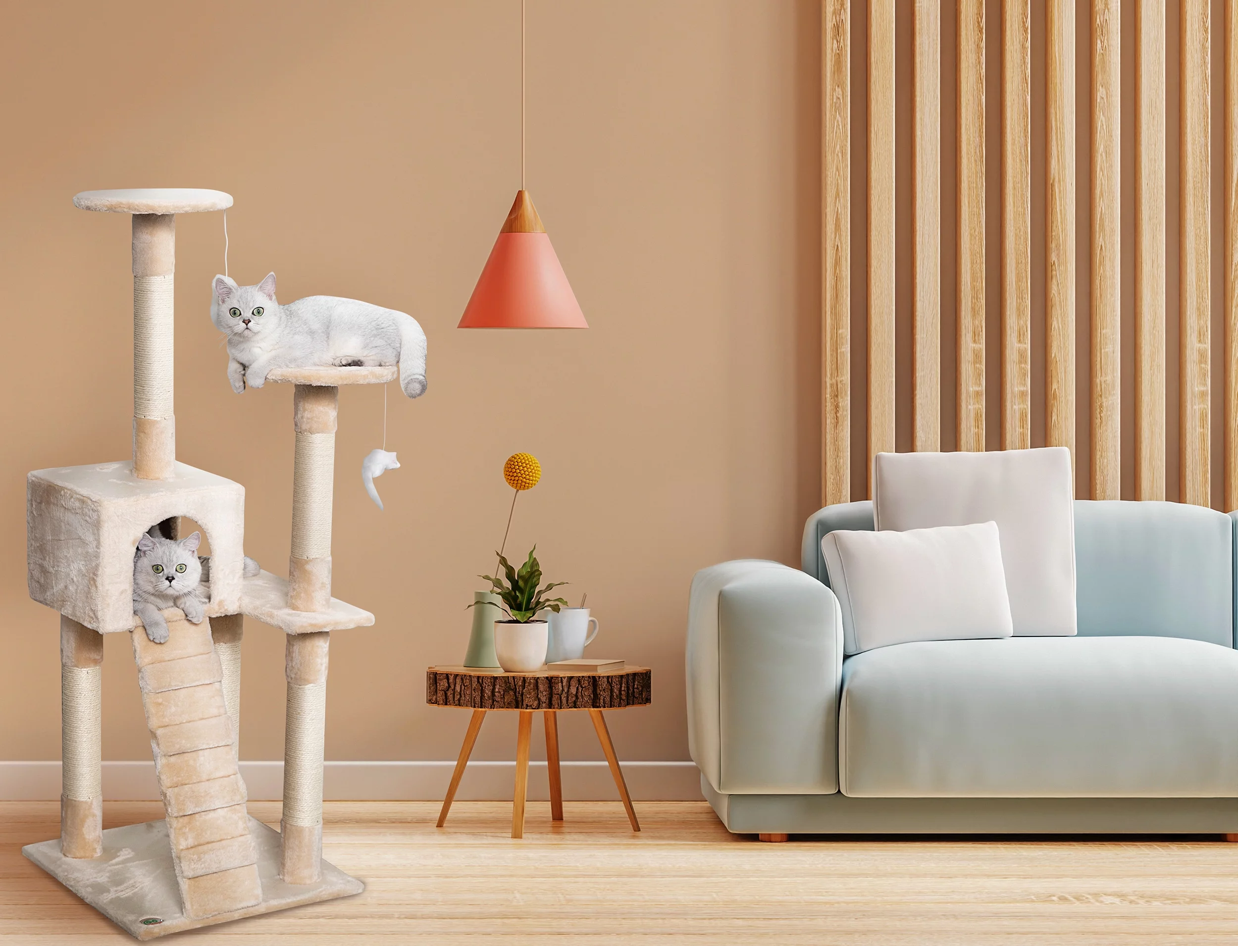 Go Pet Club 52-in Cat Condo & Scratching Post Cat Tree Tower, Beige