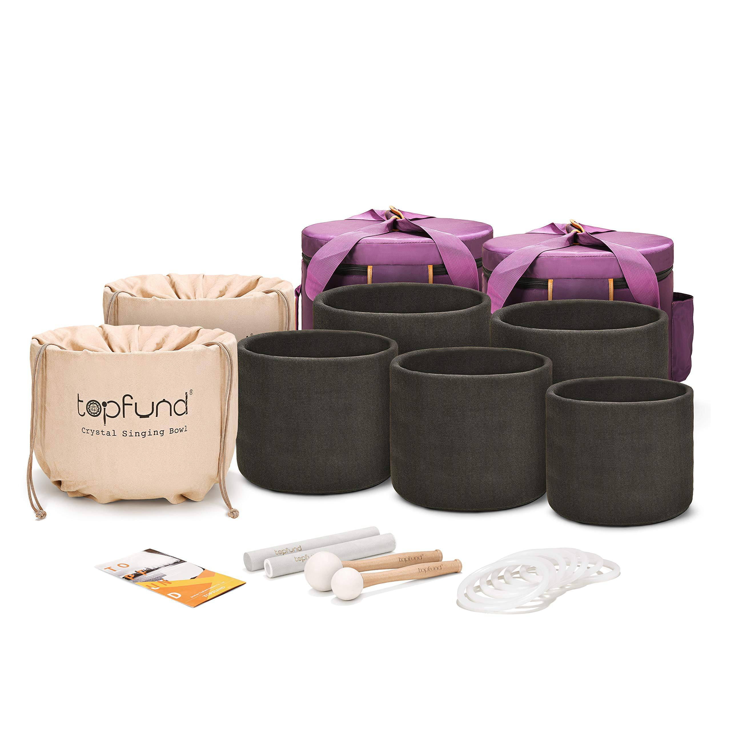 TOPFUND 432Hz Chakra Set of 7 Black Crystal Singing Bowls 8-14 Inch with Heavy duty carrying cases and Suede Stick