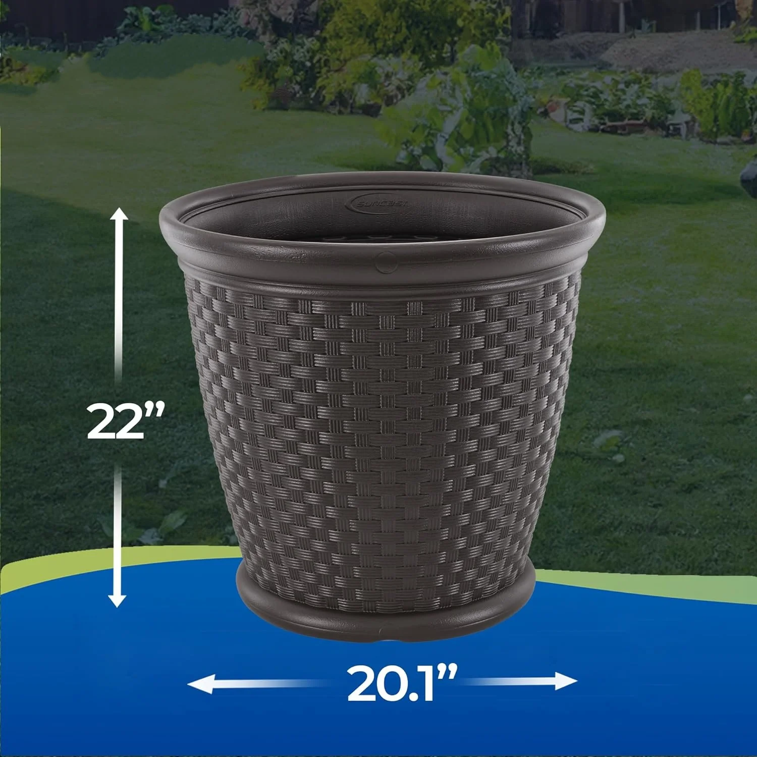 Sonora 22 Inch Plastic Wicker Indoor or Outdoor Decorative Garden Flower Planter for Entryways, Porch, and Backyard Patios, Dark Brown