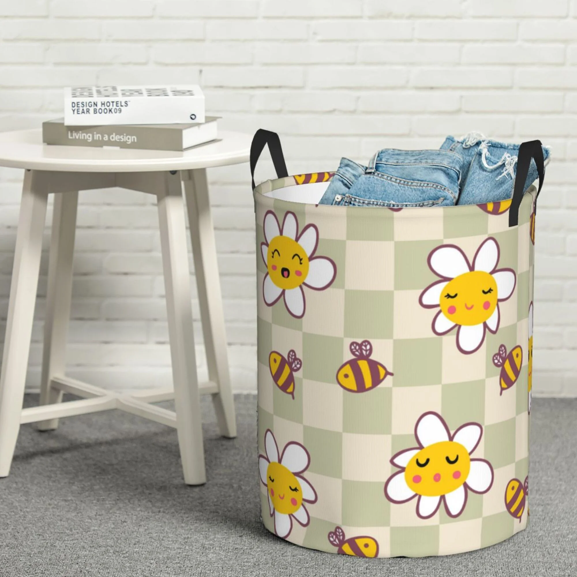 ZICANCN Laundry Basket Organizer, Retro Checkerboard Daisies Bees Collapsible Hamper for Bathroom Bedroom Laundry Room, Medium Size