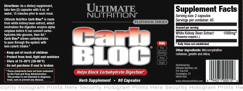Ultimate Nutrition Carb Block Ultra Potent Weight Loss Supplement Pills-90 Capsules, 100g