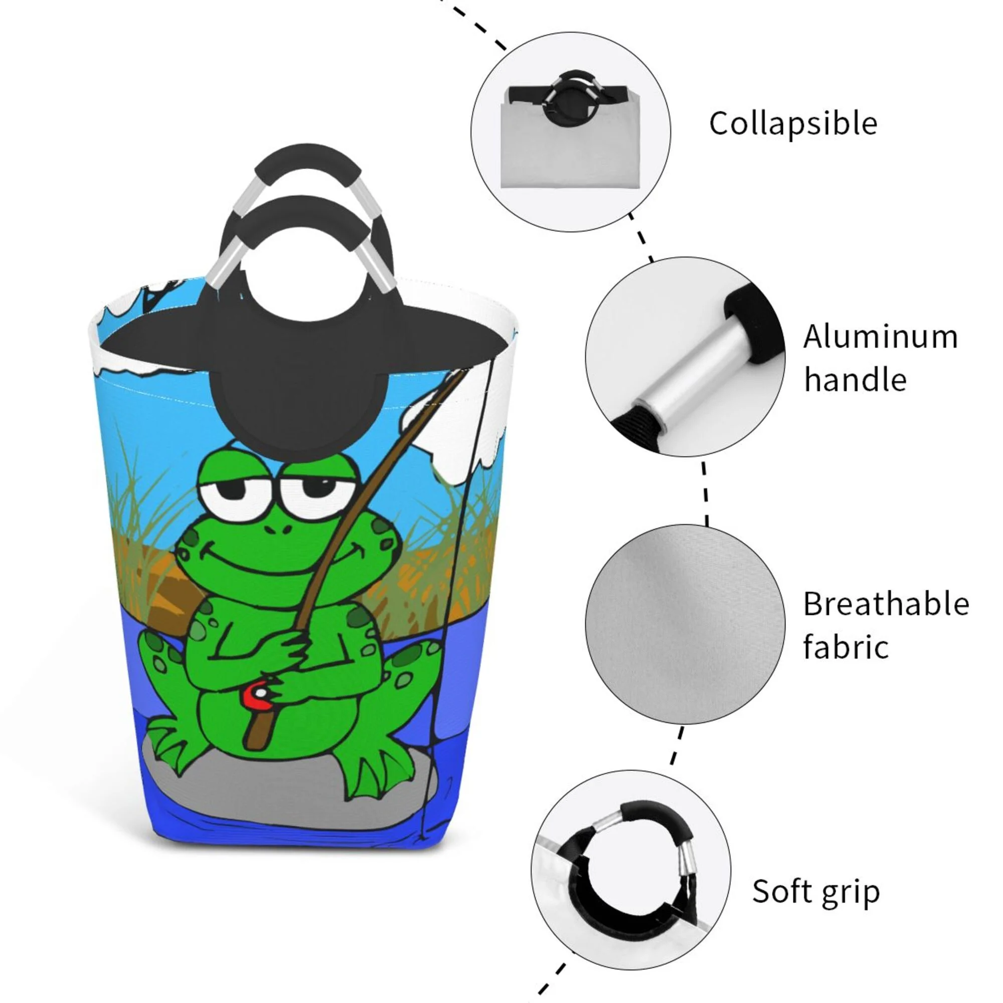 TEQUAN 50L Large Rectangular Laundry Hamper with Aluminum Handles, Cartoon Fishing Frog Prints Waterproof Foldable Dirty Clothes Basket