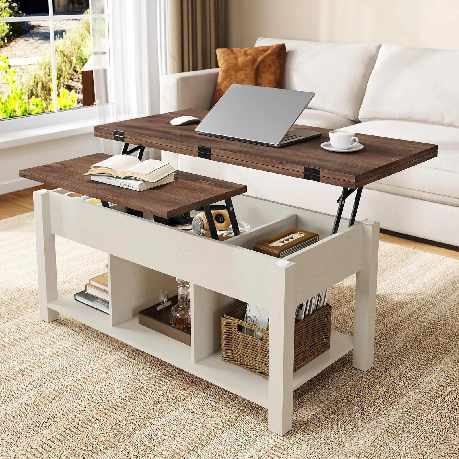 Afuhokles Lift Top Coffee Table for Living Room, Modern Farmhouse Wood Coffee Tables with Hidden Compartments, White