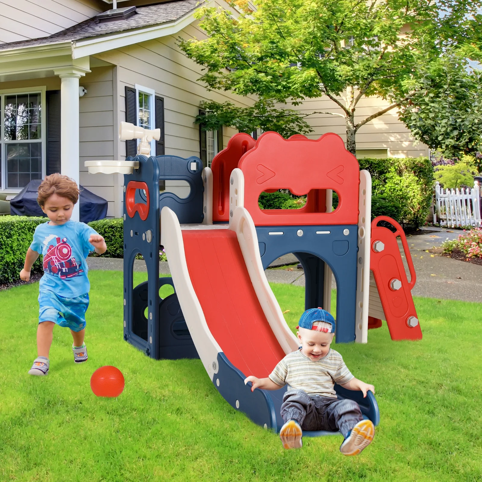 Pirecart 8 in 1 Kids Slide Set, Toddler Climber Slide Play Set With Basketabll Hoop, Tunnel, Telescope and Ball