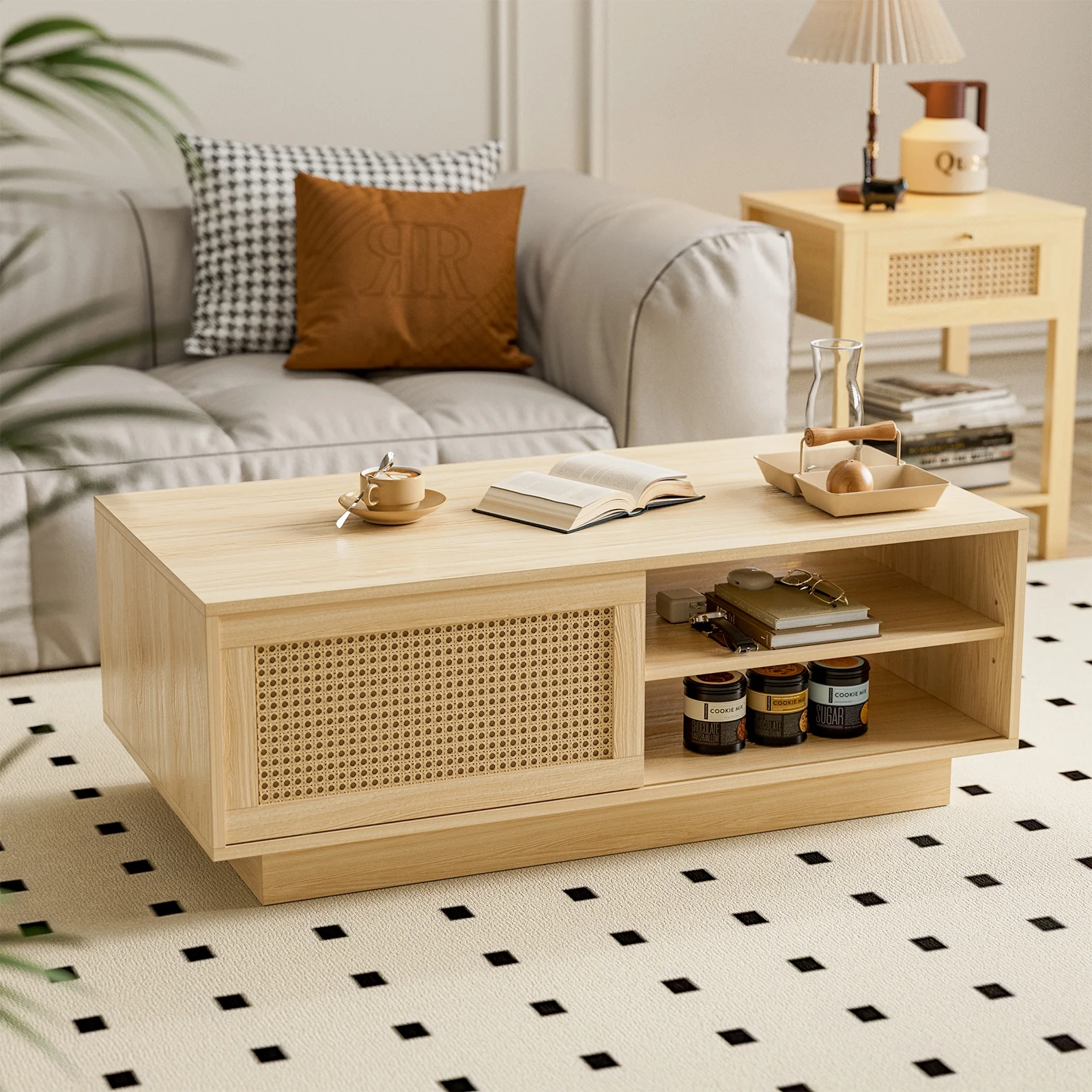 IKIFLY Rattan Coffee Table, Mid Century Modern Center Rectangular Coffee Table with Natural Rattan Sliding Door & Adjustable Shelves, Farmhouse Coffee Table for Living Room Wood