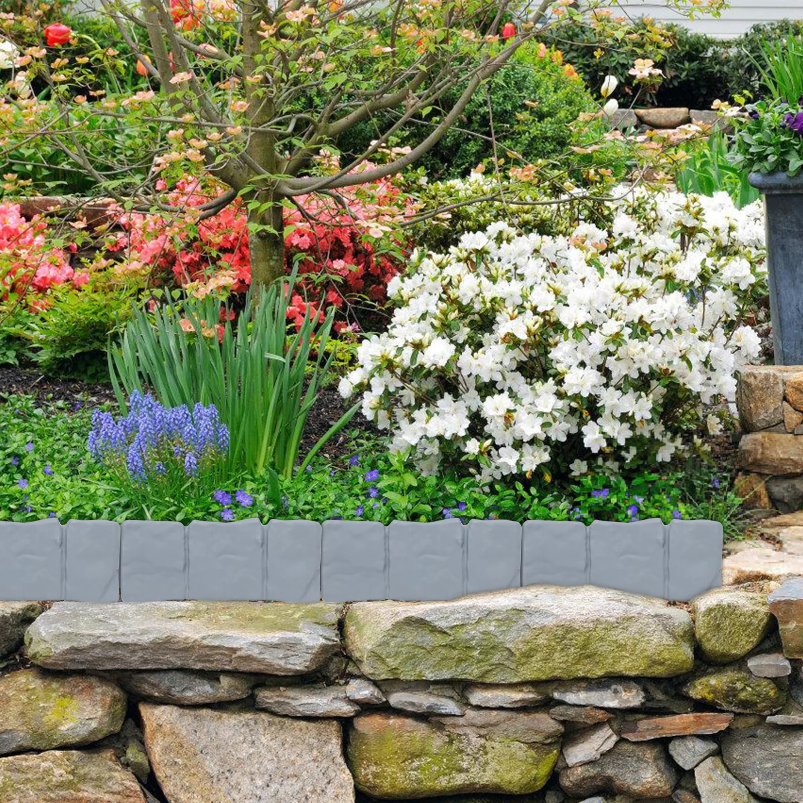 Teedor 10Pcs Garden edging border, Plastic Garden Fence Edging, Imitation Stone Effect, Interlocking Landscape Edging Border for DIY Decorative Patio Yard