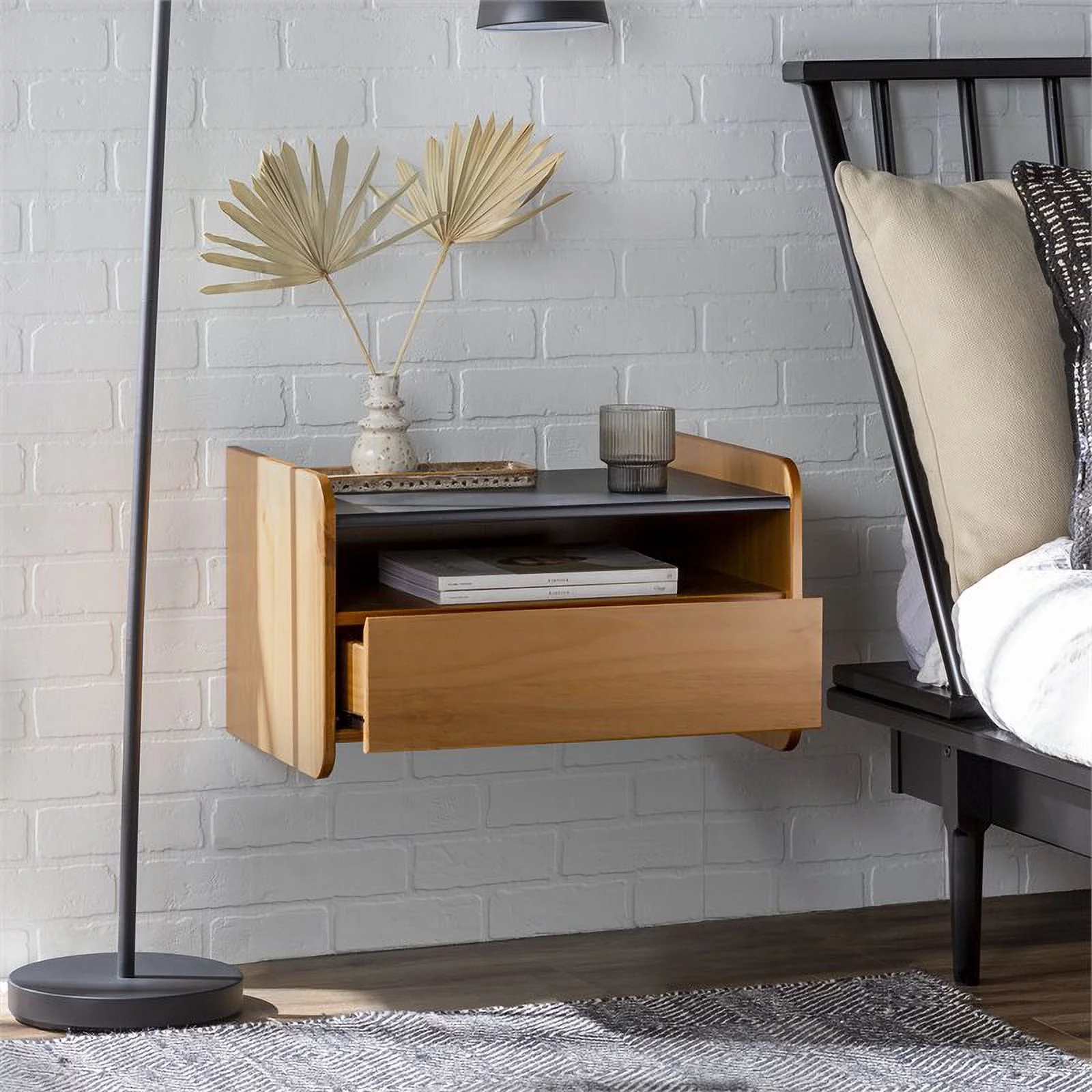 Carter Solid Wood Floating Bedroom Nightstand with Drawer in Caramel