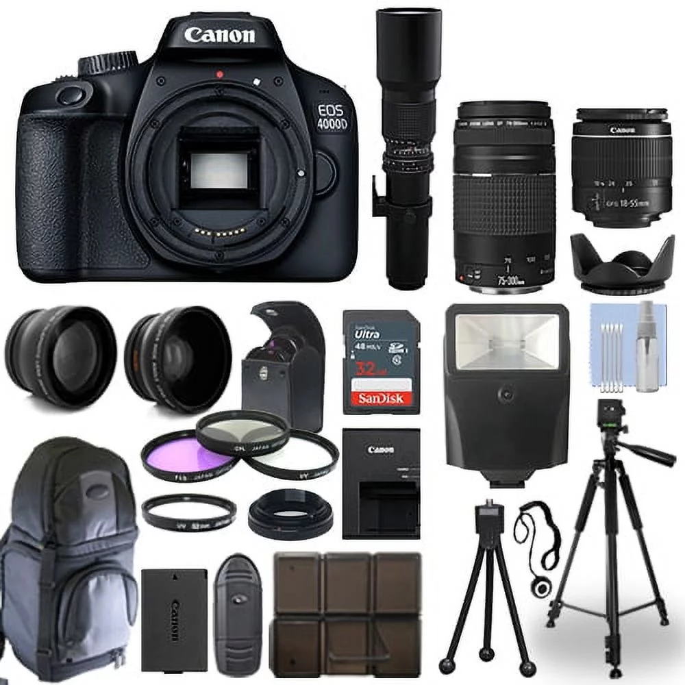 Canon EOS 4000D / T100 DSLR Camera + 5 Lens Kit: 18-55mm+ 75-300mm+ 500mm & More