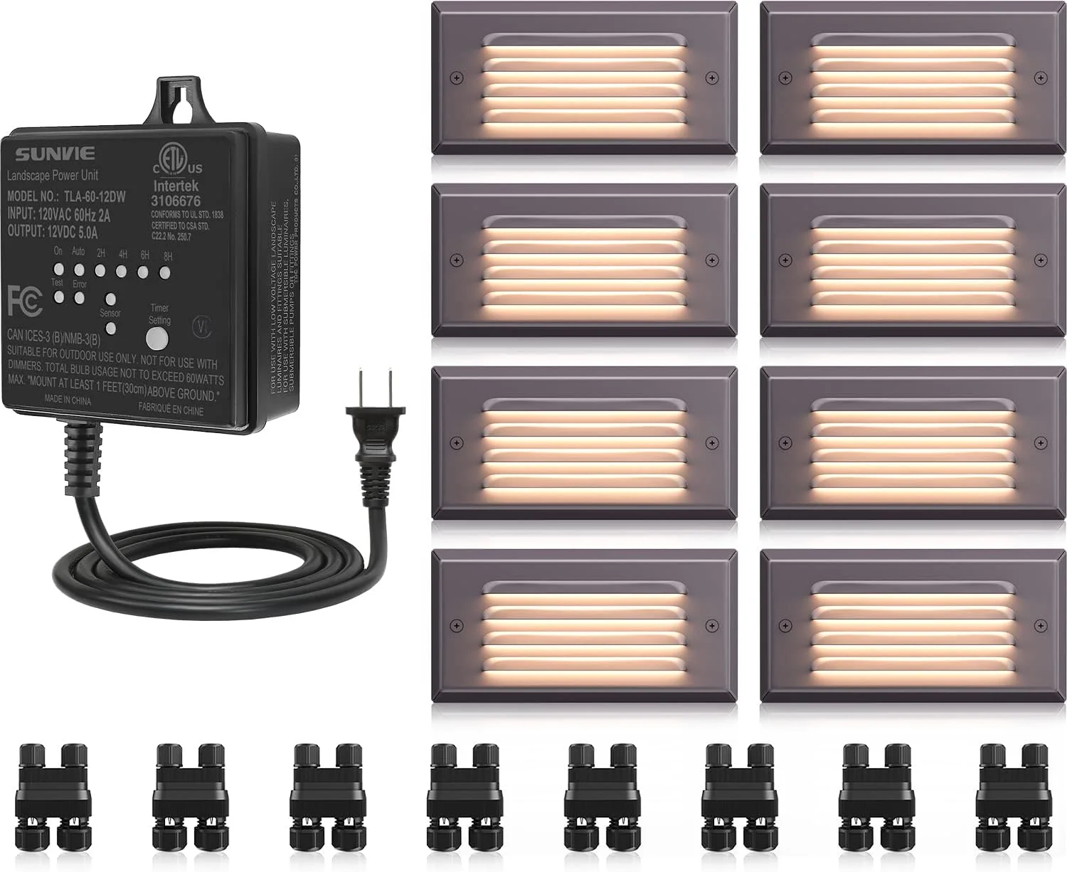 OUWI 8 Pack Low Voltage Step Lights Outdoor Stair Lights 5W LED Deck Lights with Fastlock2 Connectors, Low Voltage Transformer 60W Landscape Lighting Transformer with Timer and Photocell Sensor