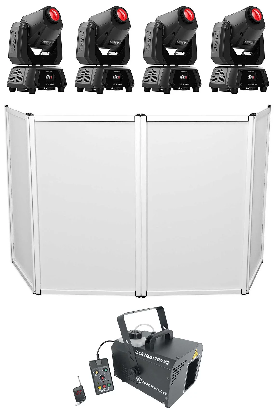 (4) Chauvet DJ Intimidator Spot 160 60w DMX Moving Head Beam Lights+Hazer+Facade