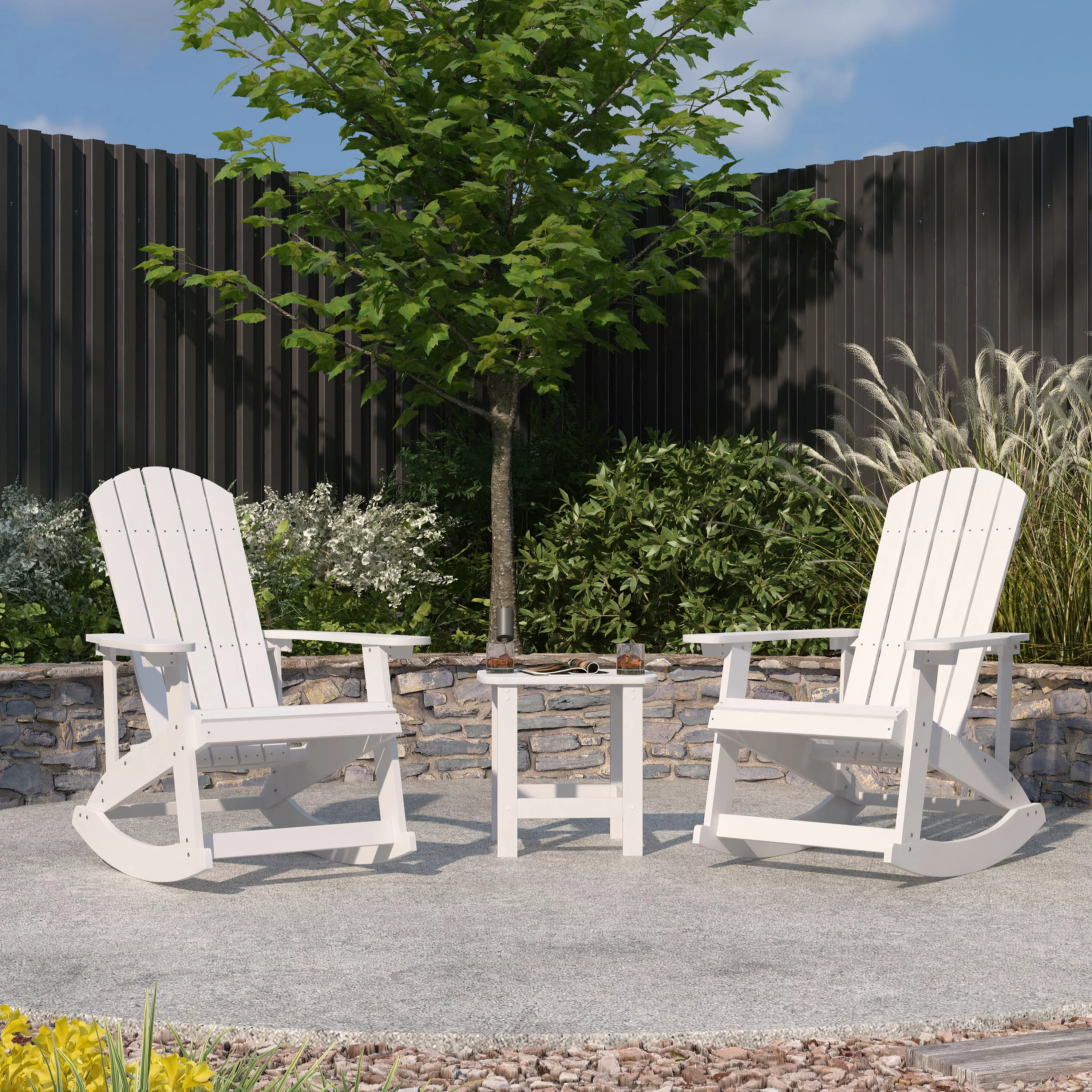 Merrick Lane 3 Piece Adirondack Patio Furniture Set Includes 2 White All-Weather Rocking Chairs and Side Table