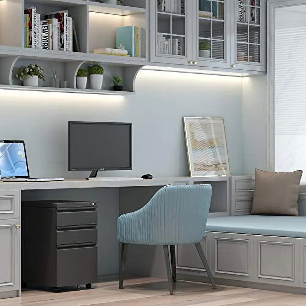 GREATMEET 3 Drawer File Cabinet, Office File Cabinet with Lock, Under Desk Storage Cabinet for Home Office,Small Filing Cabinet Under Desk,Rolling File Cabinet for Letter/Legal/A4 Size,Black