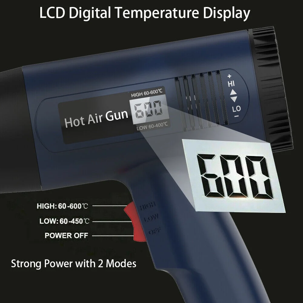 JLLOM 2000W Heat Gun Electric Hot Air Gun With Dual Temperature LCD Display 4 Nozzles