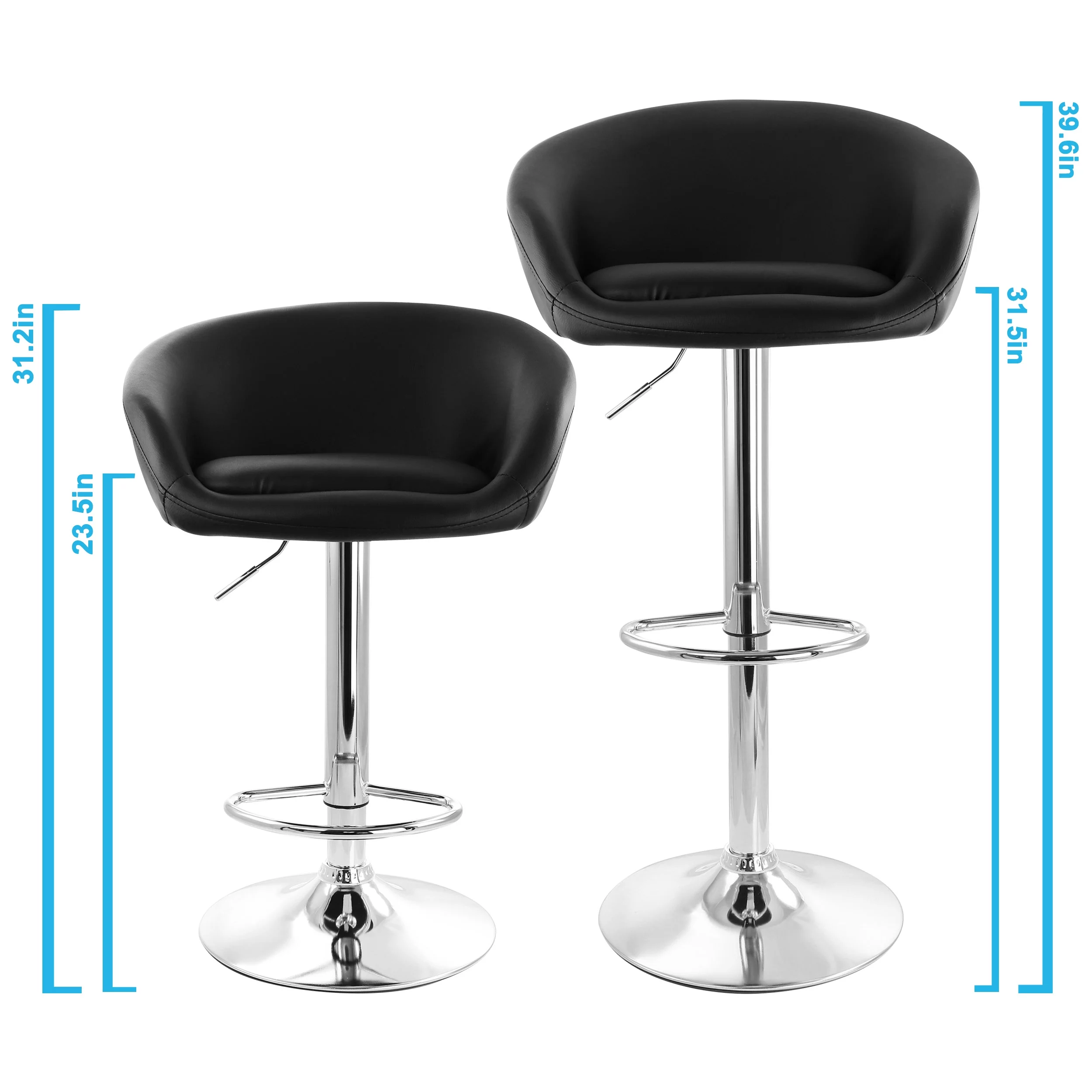 Elama 2 Piece Adjustable Faux Leather Bar Stool in Black with Chrome Base