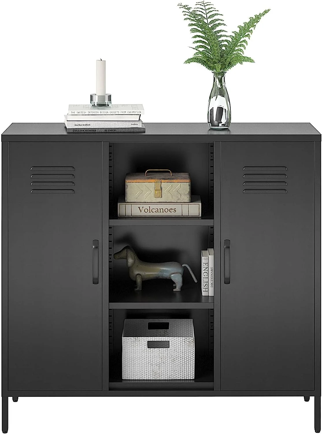 xrboomlife Shadwick 2 Door Metal Locker Accent  Cabinet with Center Bookcase  Black