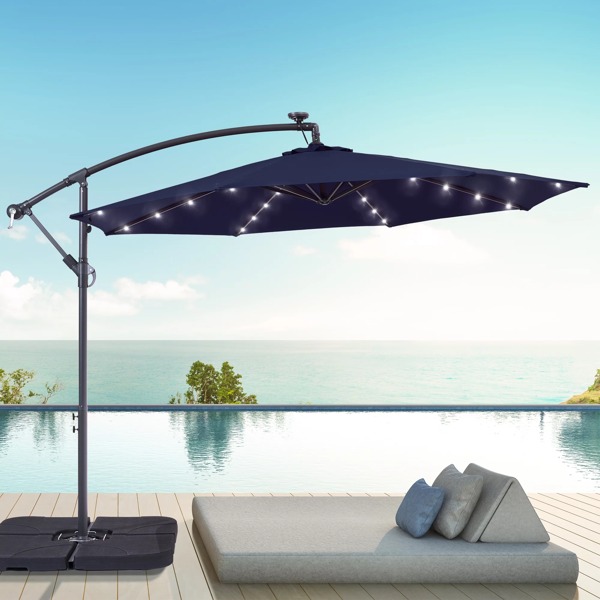 ACEGOSES 10ft 32 LED Outdoor Patio offset Umbrella, Solar Lighted Hanging Umbrella with 8 Ribs for Desk,Garden,Yard, Navy Blue