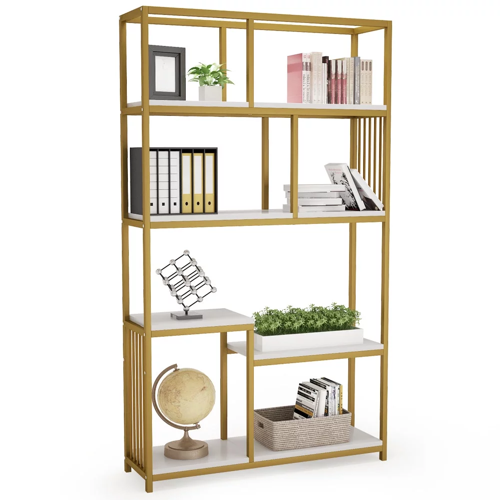 TribeSigns 7-Open Shelf Etagere Bookcase with Gold Sturdy Metal Frame, Modern Bookshelf Elegant Storage Display Shelves for Home Furniture (White + Gold)