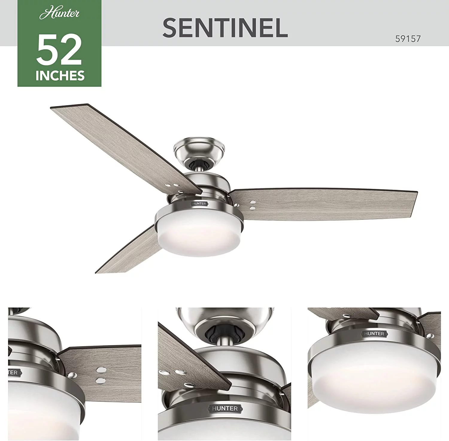 AUCHI Fan Company, 59157, 52 inch Sentinel Brushed Nickel Ceiling Fan with LED Light Kit and Handheld Remote