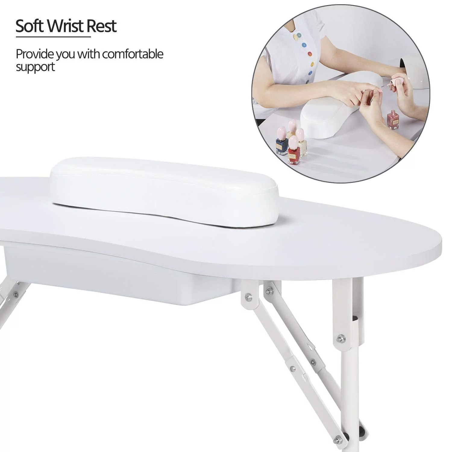 Folding Manicure Table Movable Nail Beautician Desk Workstation with Smooth Drawer/Water-proof Carry Bag/Lockable Wheels for Nail Groomer- White