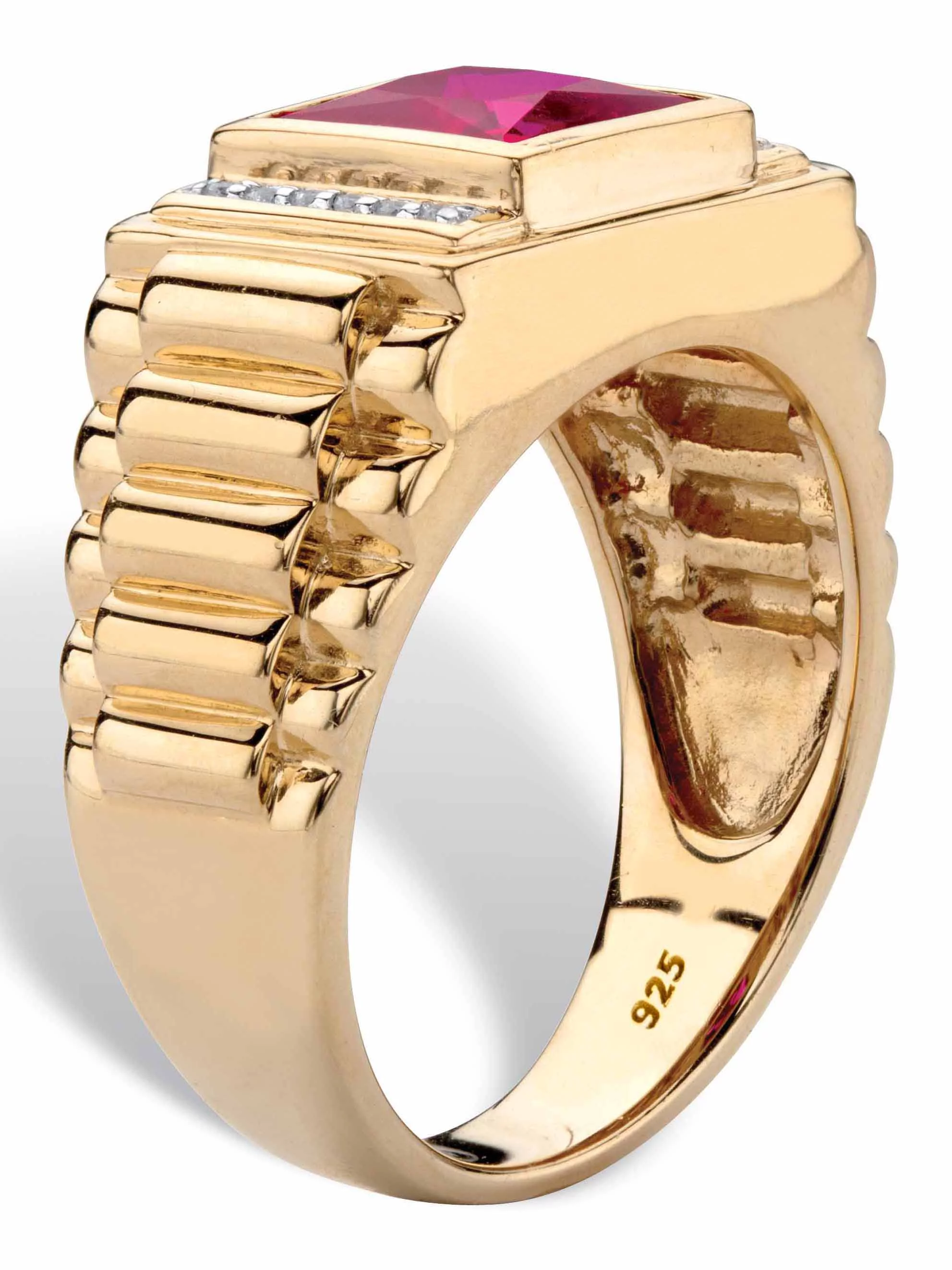 PalmBeach Jewelry Men's Square-Cut Created Red Ruby or Blue Sapphire and Diamond Accent Ring in 18k Gold-plated Sterling Silver