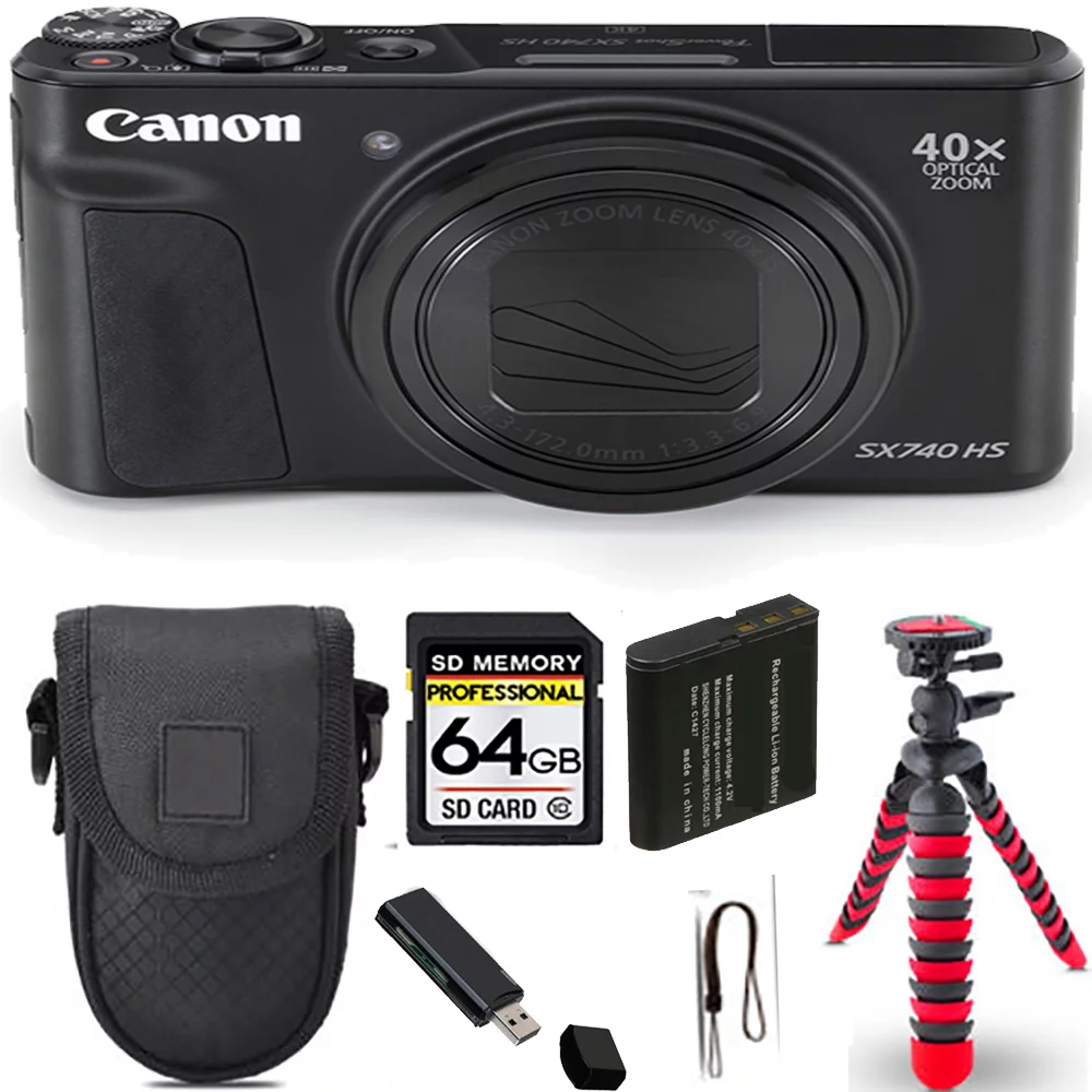Canon PowerShot SX740 HS Digital Camera (Black)+ Spider Tripod + Case - 64GB Kit