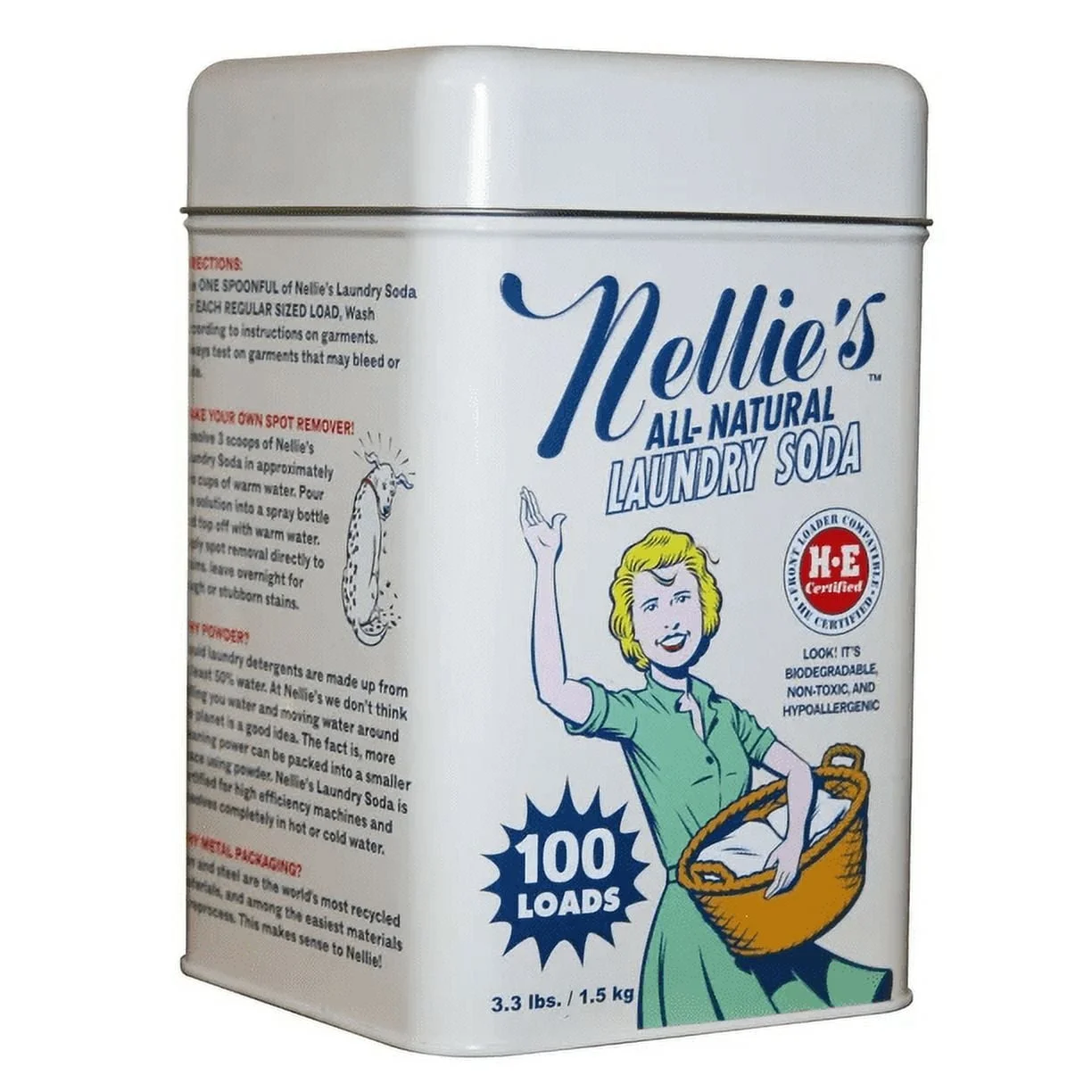 Nellie's NLS-100T All Natural Laundry soda, 100 Load Tin, NLS-100T, 3.3 Pound