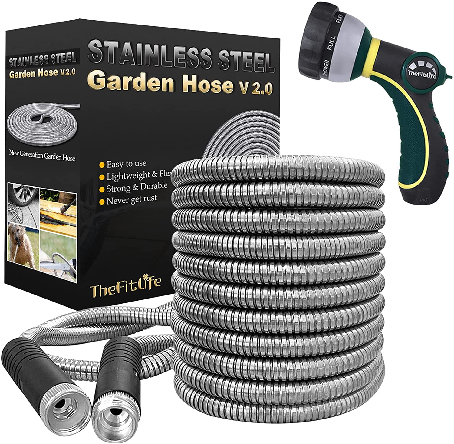 TheFitLife Flexible Metal Garden Hose - Upgrade Leak and Fray Resistant Design, Stainless Steel Water Hose with Solid Fittings and Sprayer Nozzle, Lightweight Kink Free Durable Easy Storage (50 FT)