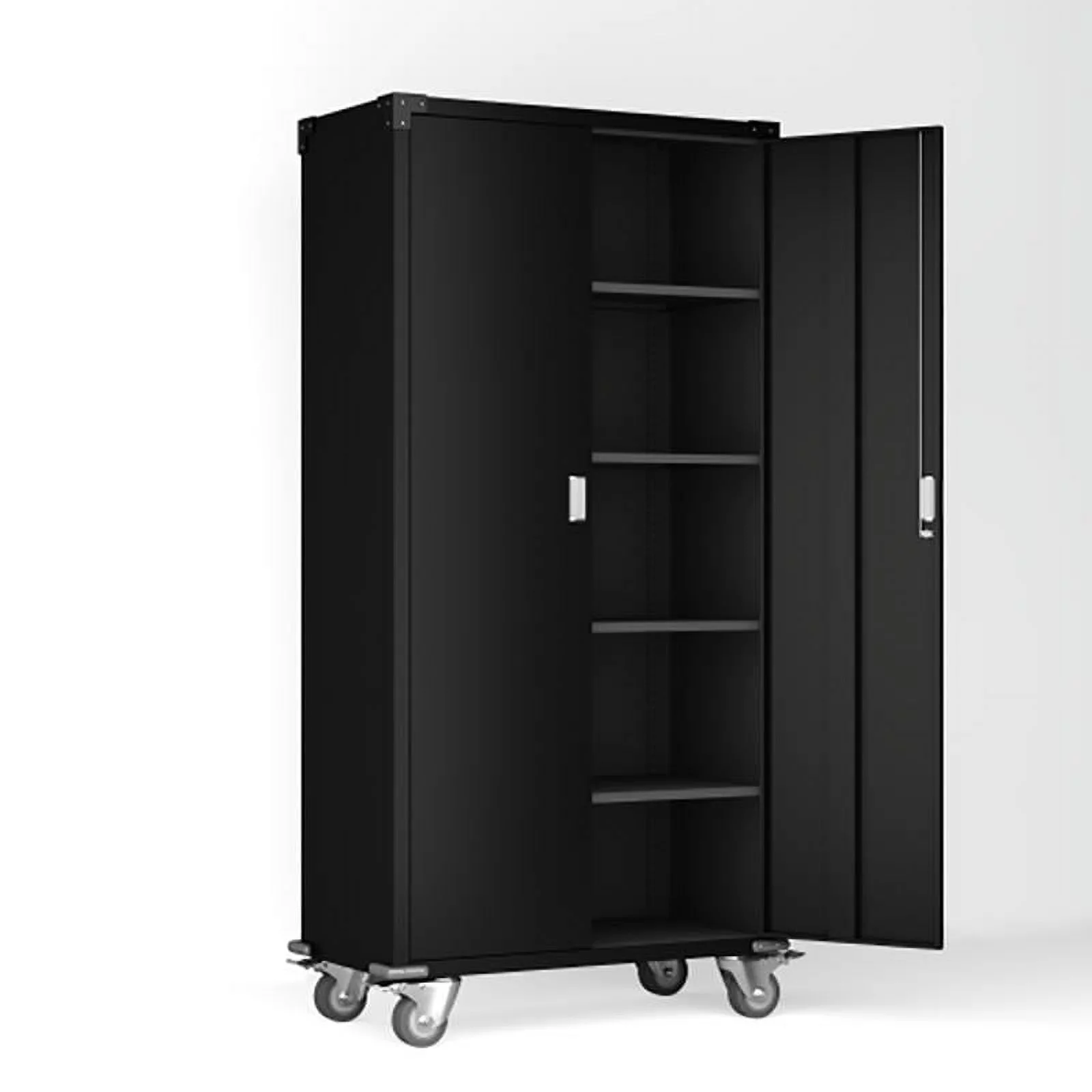 Pemberly Row Steel Metal Lockable Storage Shelving Cabinet with Wheels in Black
