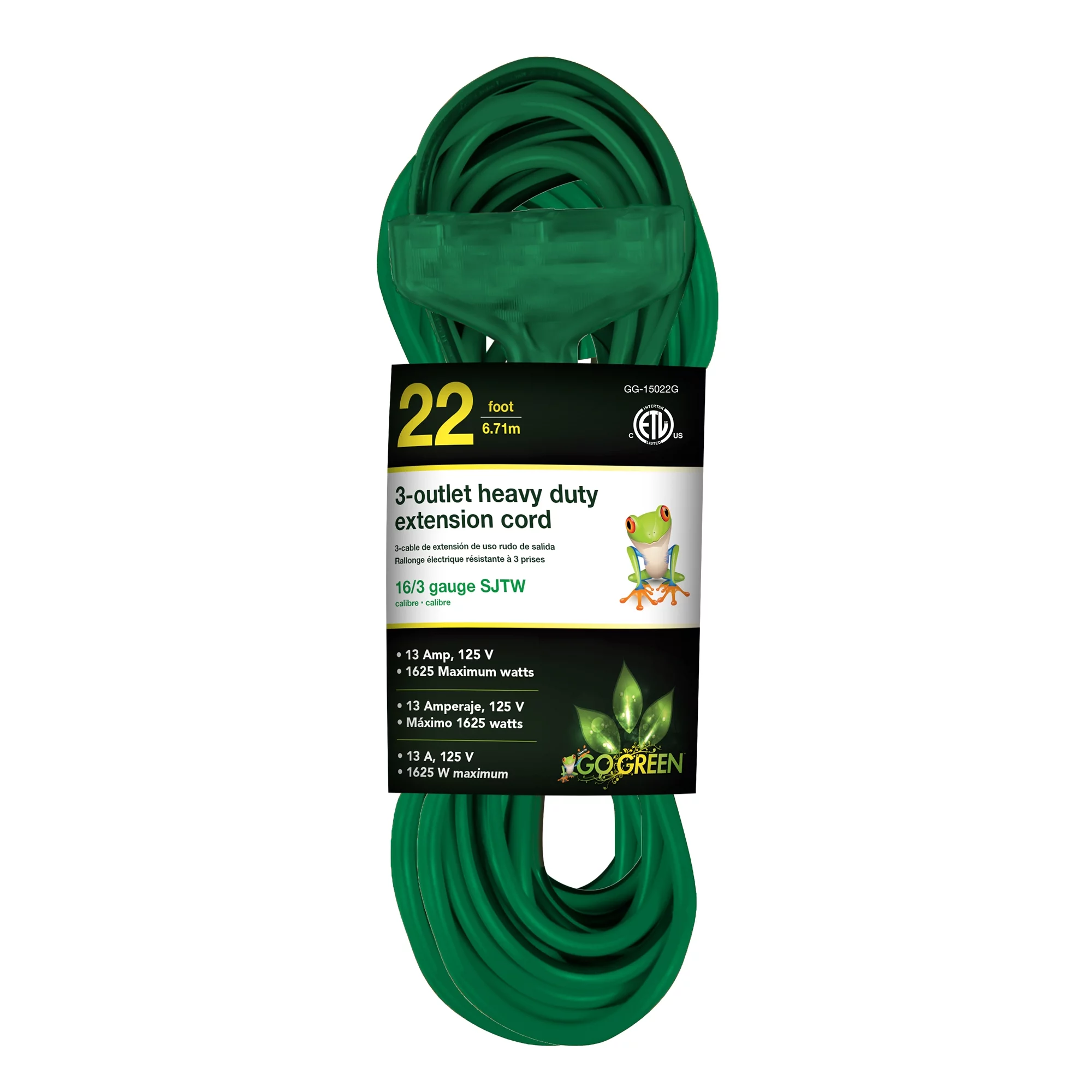 GoGreen Power (GG-15022GN) 16/3 22' 3-Outlet Heavy Duty Extension Cord, Green, 22 FT