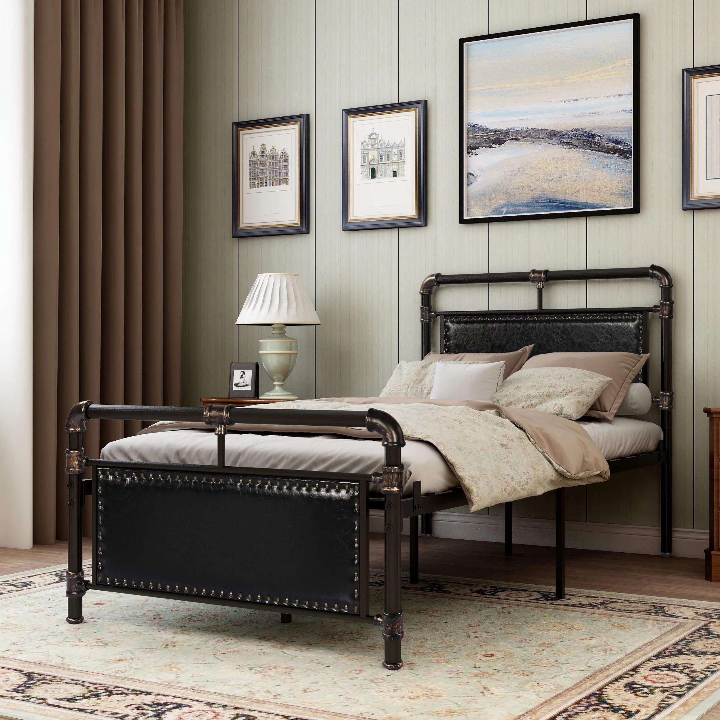 alazyhome Twin Platform Metal Bed Frame with Faux Leather Headboard, Black