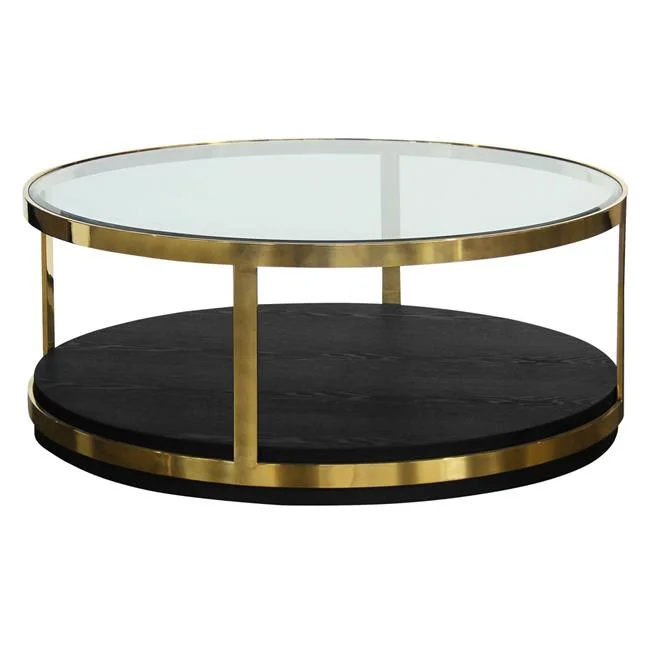 HomeRoots  44 in. Black & Gold Glass Round Coffee Table