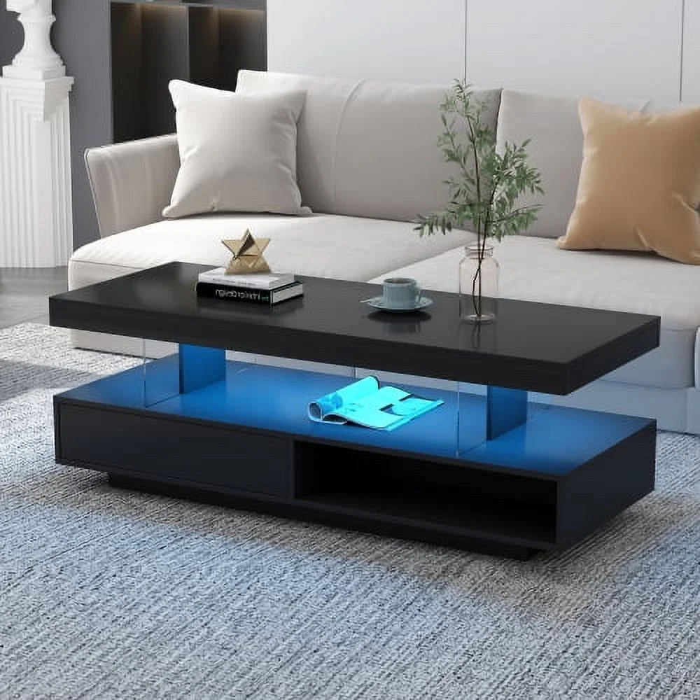 ZJbiubiuHome U-Can LED Coffee Table with   Modern Center Table with 2 Drawers and Display Shelves  Accent  with LED Lights for Living Room Black