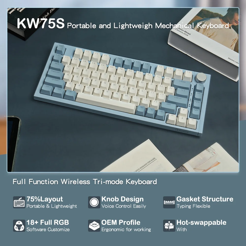 RECCAZR KW75S Wireless Mechanical Keyboard USB-C Wired/Bluetooth/2.4GHz Gaming Keyboard 81 Keys Gasket Mounted with Knob, RGB Backlight Hot-Swappable OUTEMU Blue Switch(Blue White)