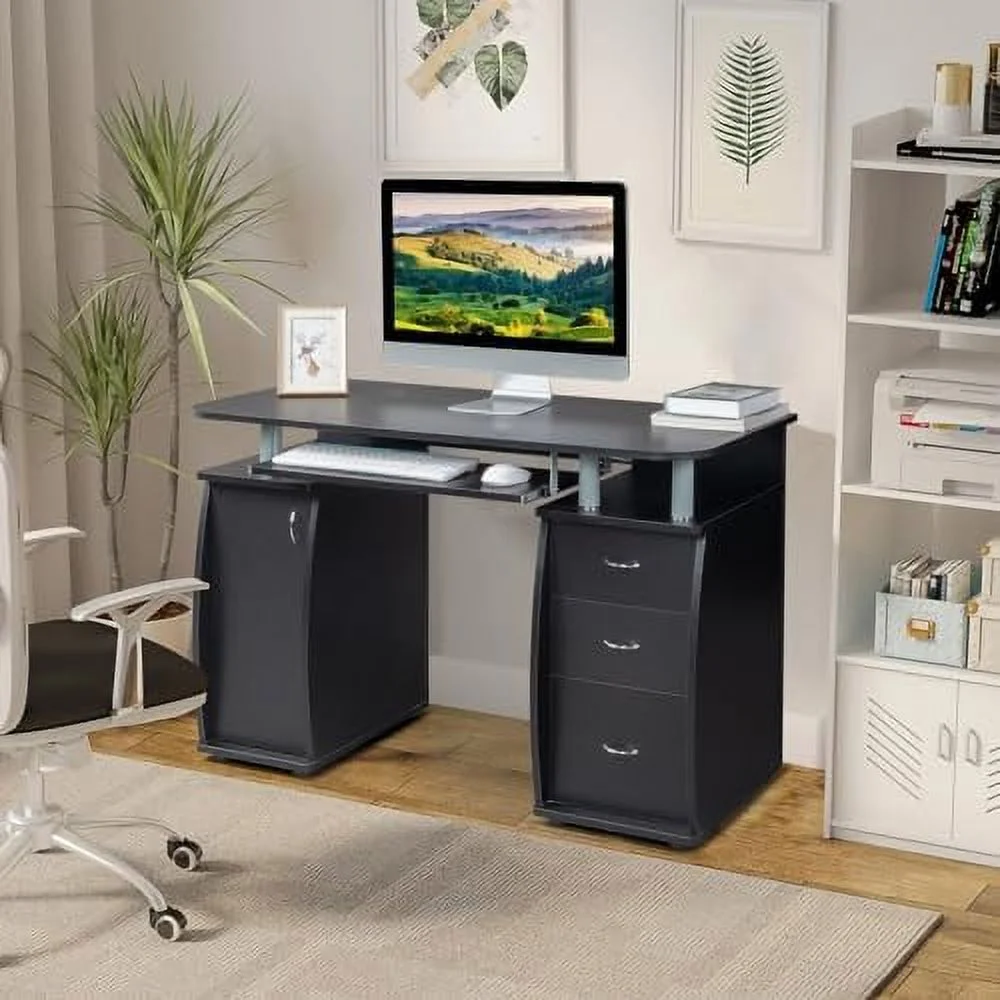 SJOLKMN Computer Desk with Drawers &  Cabinet  Small Office Desk PC Laptop Workstation for Home  Studio  Office  Apartment  Black