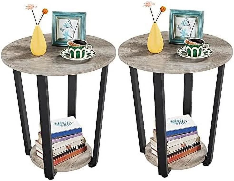 HYHBIBOOM Industrial Small Round End  for Living Room   2-Tier  Sofa Table with  Rack and Metal Frame for Small Spaces Office  Accent   Rustic Brown