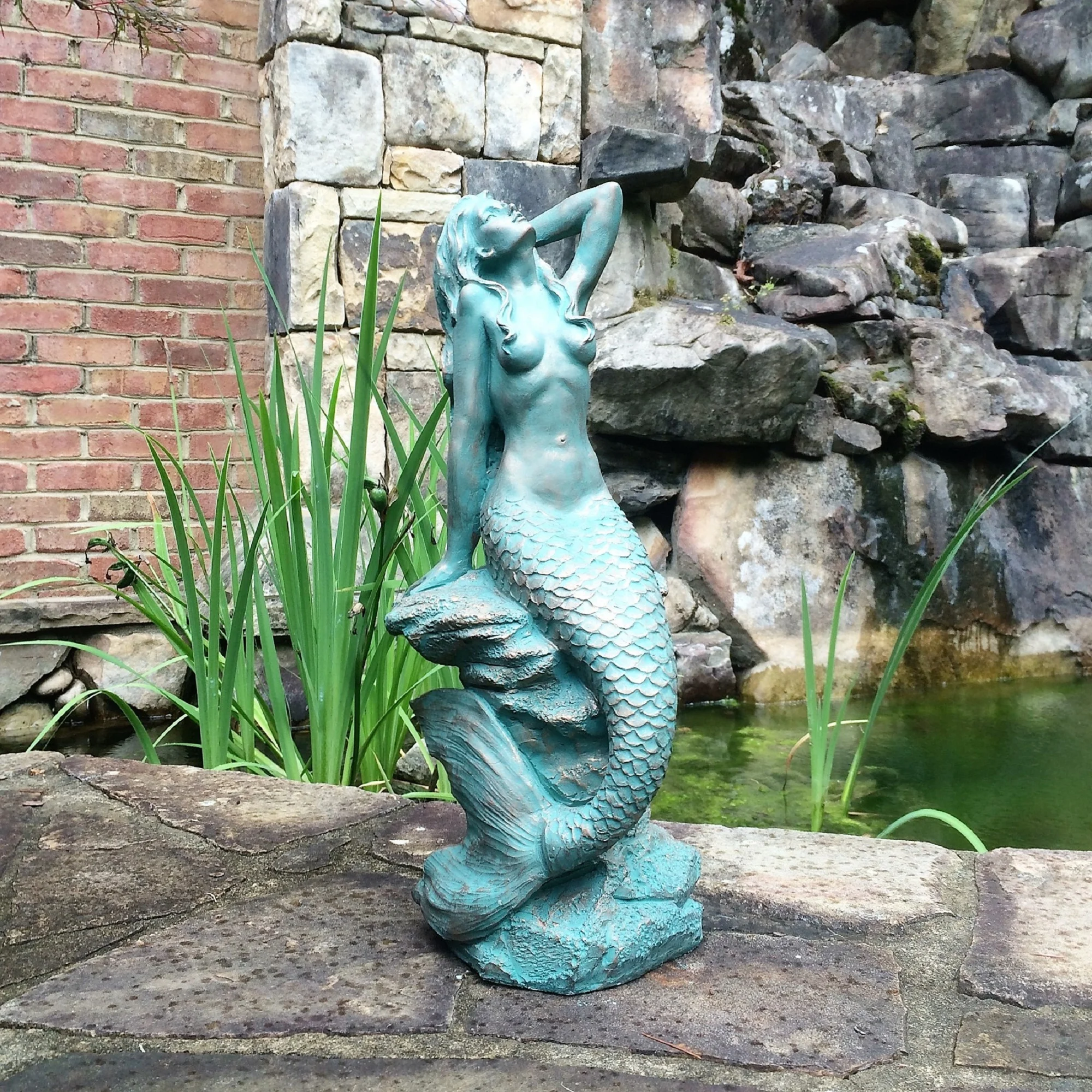 Homestyles 20 in. Bronze Patina Sexy Mermaid Sitting on Coastal Rock Beach Nautical Extra Large Statue