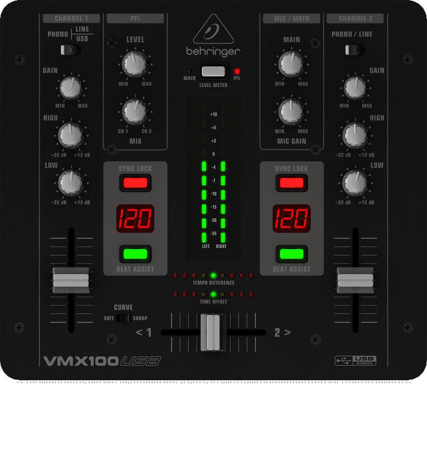 Behringer PRO MIXER VMX100USB Professional 2-Channel DJ Mixer w/ USB/Audio Interface, BPM Counter & VCA Control