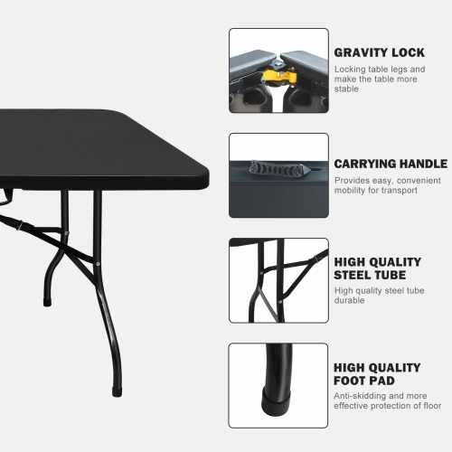 Zateety 8ft Folding Table, Portable Plastic Table for Camping, Picnics, Parties, High Load Bearing Foldable Table Black