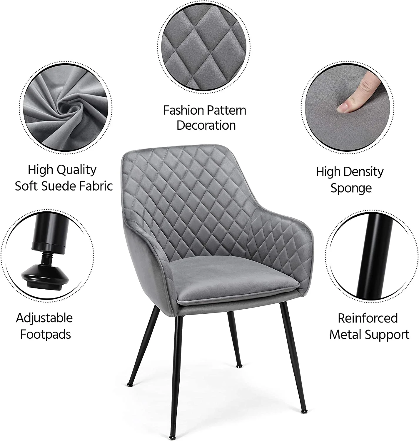 TJUNBOLIFE Dining Chairs Armchairs Velvet Upholstered Side Chairs Modern Chairs with Steel Legs Kitchen Dining Room Living Room Gray 2pcs