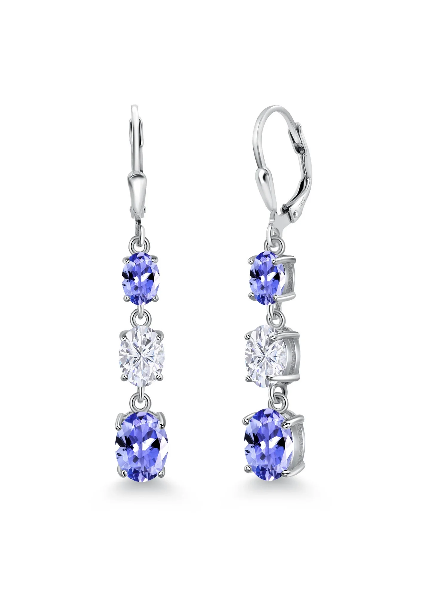 Gem Stone King 925 Sterling Silver Blue Tanzanite 3 Stone Dangle Earrings for Women (5.02 Cttw, Gemstone December Birthstone, Oval 8X6MM, 7X5MM and 6X4MM)
