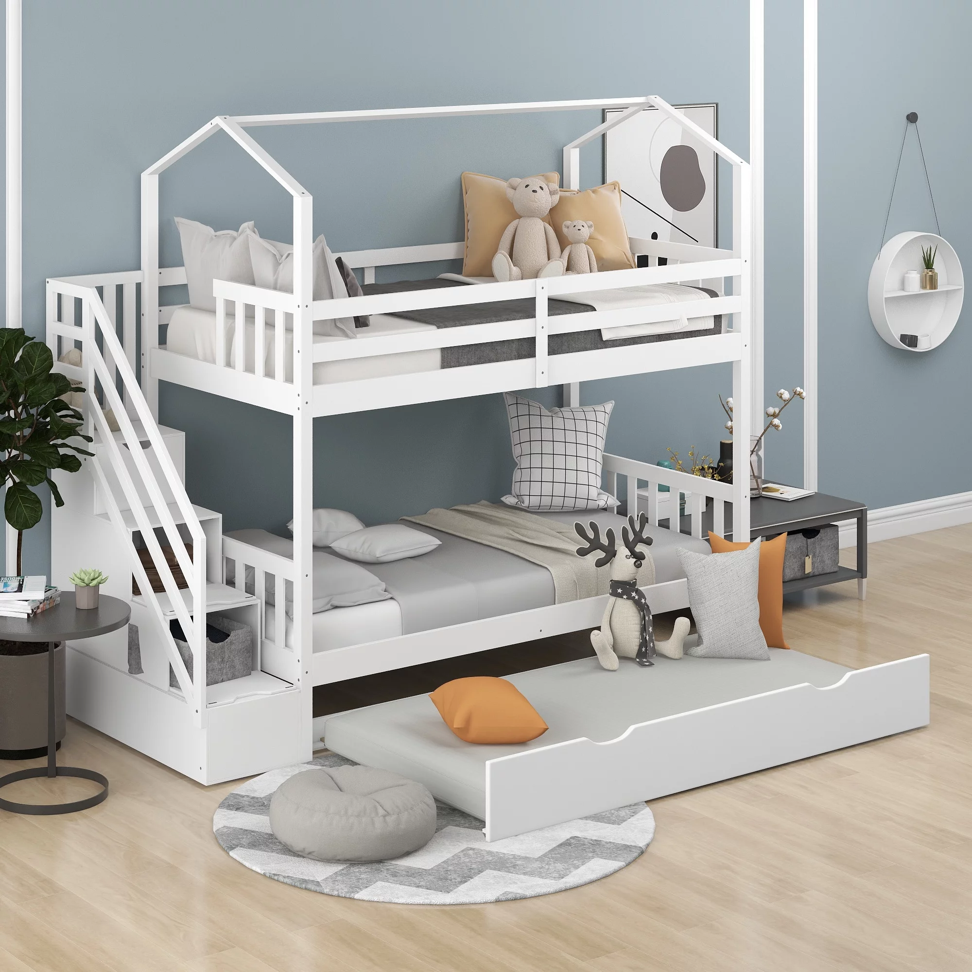 EUROCO Twin over Twin Bunk Bed, House-Shaped Design for Bedroom, White