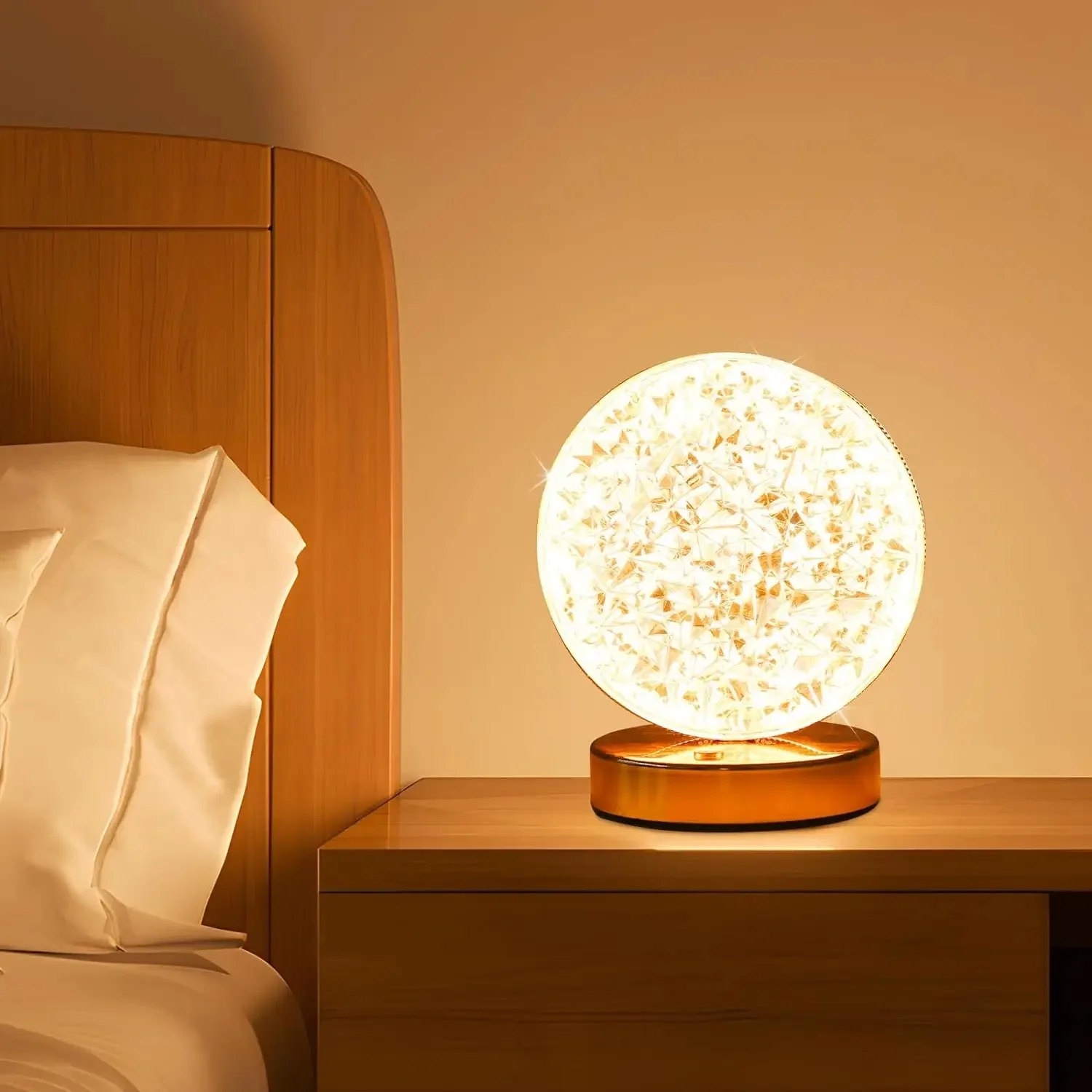 Modern Touch Control Circular Crystal Bedside Lamp with 3 Color Modes and Stepless Dimmable Function for Bedroom  Perfect Ramadan Decorations