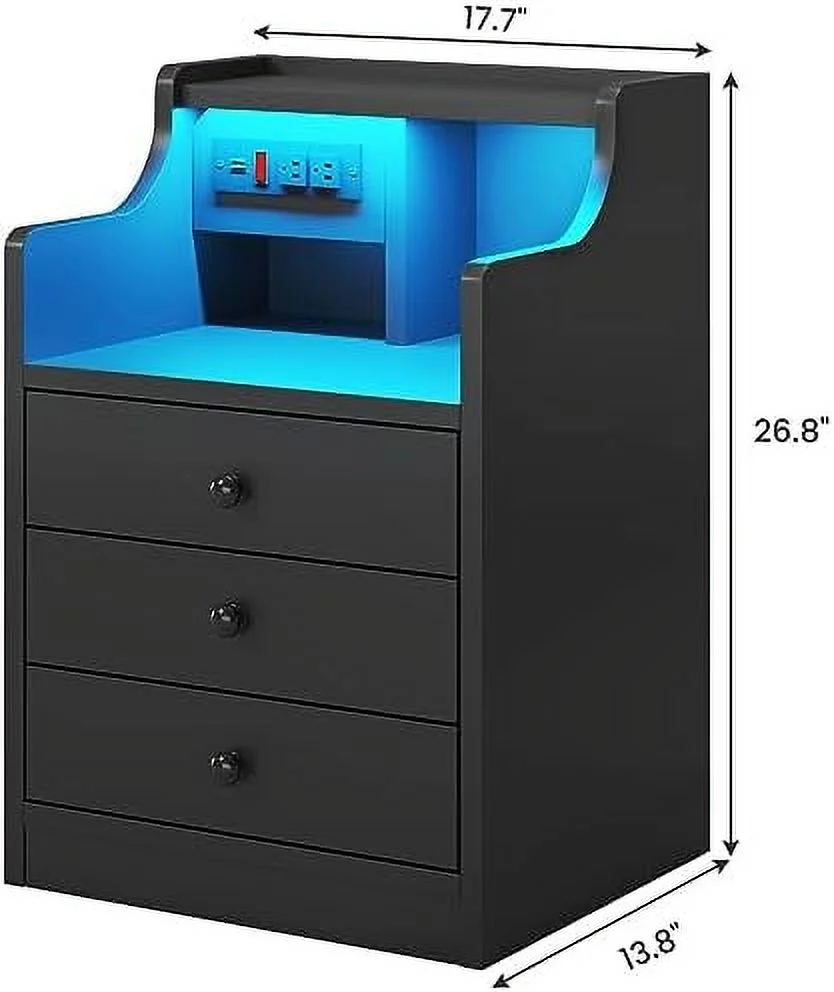 SQVGYU Nightstand with Charging Station and LED Lights Night Stand with Hutch Bedside Table with Drawers Modern End  for Bedroom White