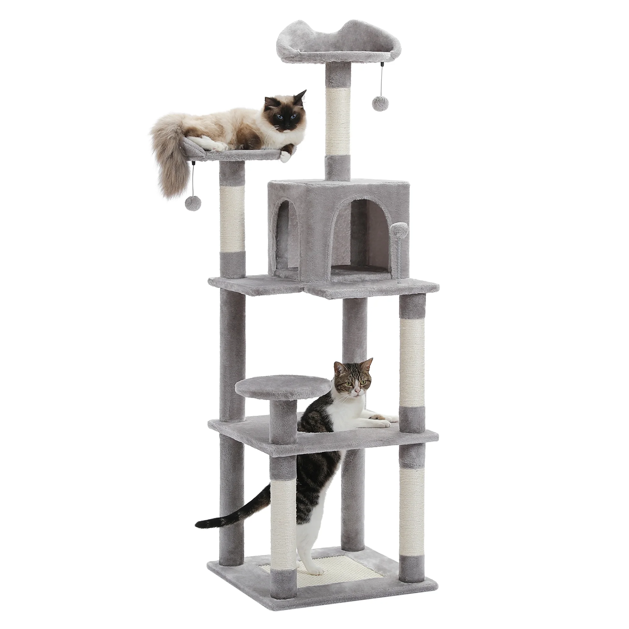 ZephyPaws 63'H Multi-Level Cat Tree Cat Tower for Indoor Cats with Sisal-Covered Scratching Post, Cozy Cat Condo, Cat Hammock and Wide Top Perch, Grey