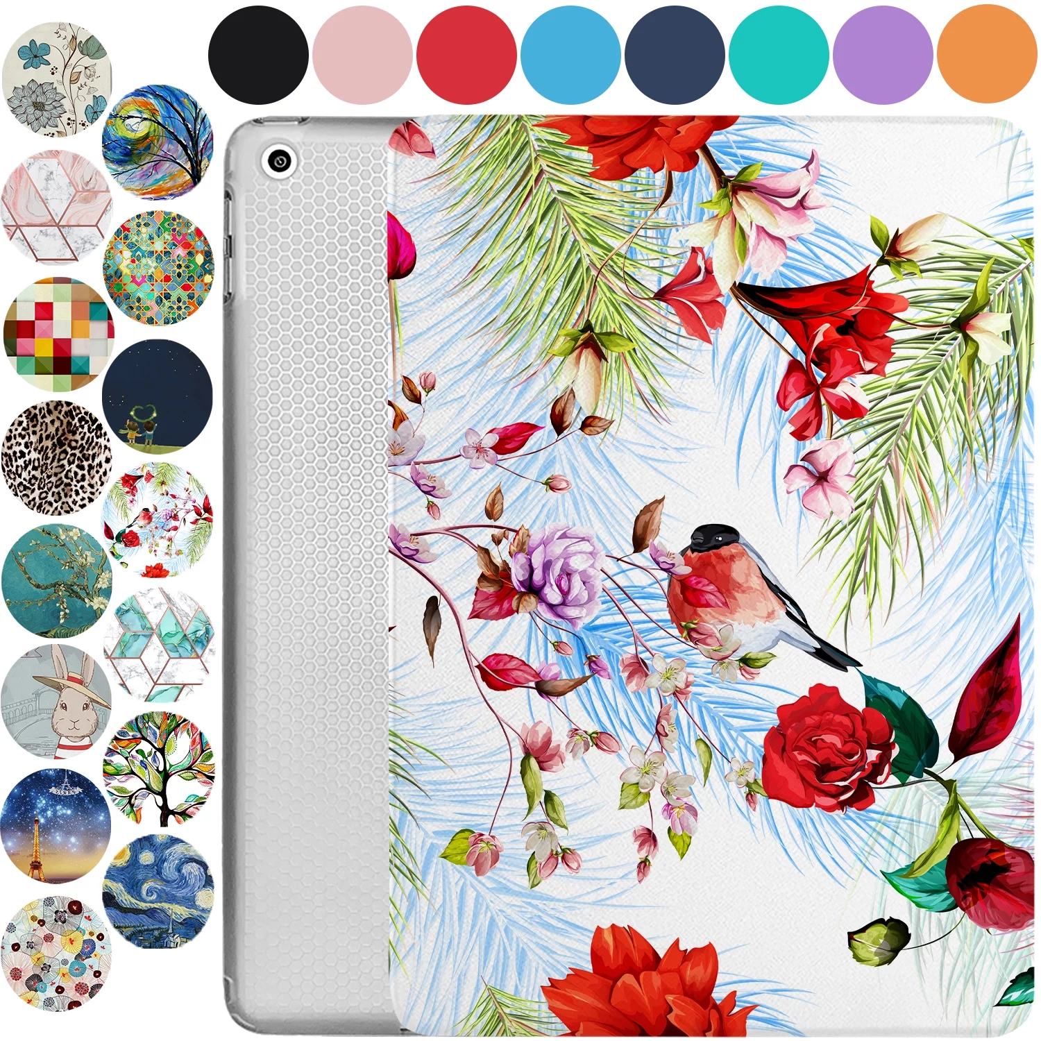 iPad 6 5 9.7 Inch Air 1 2 [iPad 5th 6th Air 1st 2nd Generation ] A1893 A1822 A1566 Printed Lightweight Shock Absorbant Flexible TPU Protective Clear Case - Birds & Flowers